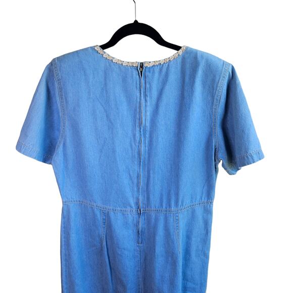 🦃Vintage Monique Fashions Chambray Denim Maxi Dress Floral Embroidered Size 10 - Picture 3 of 9